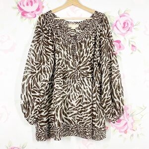 Michael Kors Brown Animal Print Silk Front Tie Blouse 3X